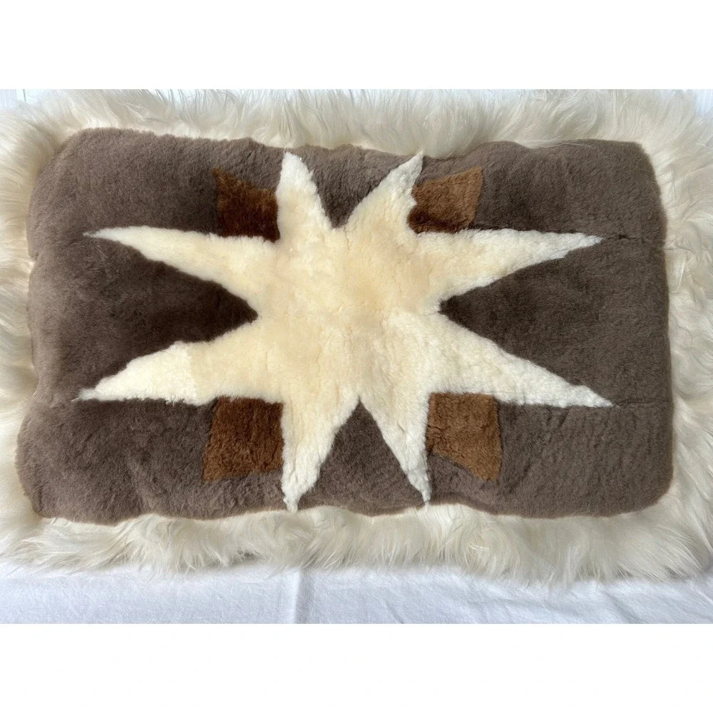 Unique Sheepskin Pillow Star Design Rustic Farmhouse Accent Decor